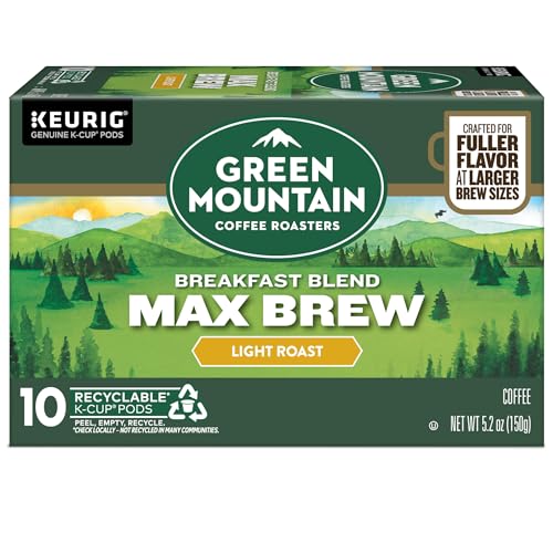 Green Mountain Coffee Roasters Breakfast Blend Max Brew, Single Serve Keurig K-Cup Pods, Light Roast Coffee, 60-Count Box (6 Packs of 10)