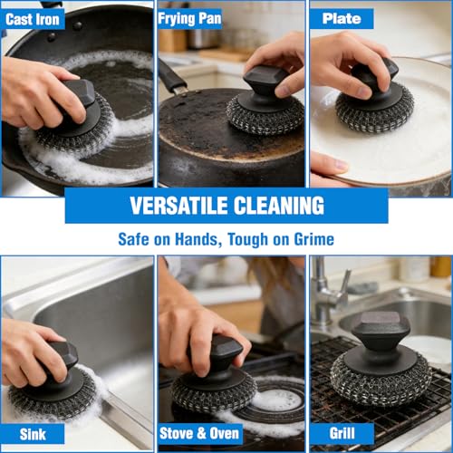 Azureblue 5-Pack Stainless Steel Scrubber with Ergonomic Handle