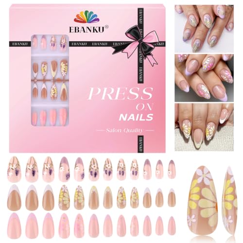 EBANKU Floral Press on Nails 72 Pcs Short False Nails Kit