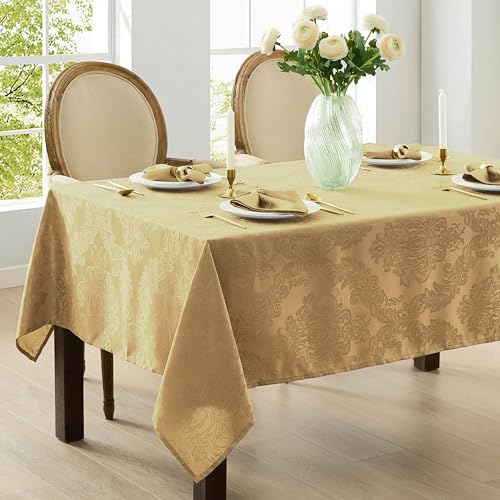 Newbridge Barcelona Damask Tablecloth 144x60 Inch Gold - No Iron, Soil Resistant
