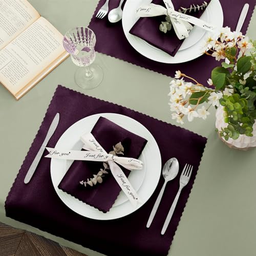 12 Pack Eggplant Purple Satin Napkins 12x12 Inch - Scalloped Edges