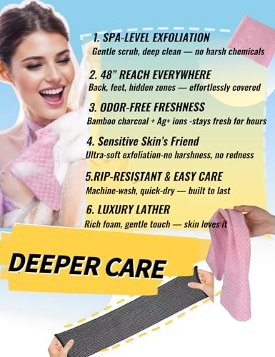 Exfoliating Shower Towel - 48" Premium Washcloth for Body & Face