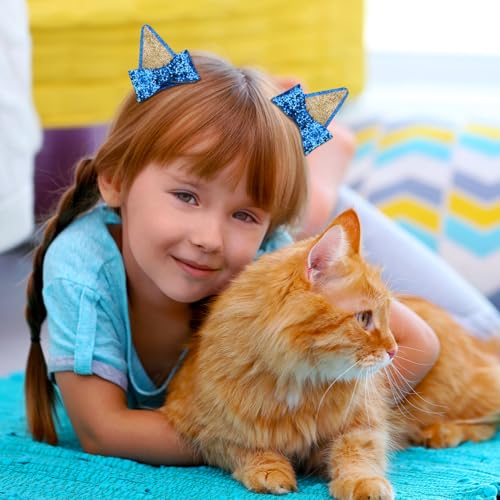 GUGUMO 2 Pcs Blue Glitter Ear Hair Clips with Bows for Cosplay and Parties