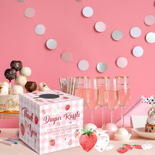 Fisahat Strawberry Baby Shower Decorations - 50 Pink Diaper Raffle Tickets with Box - Baby Girl Theme