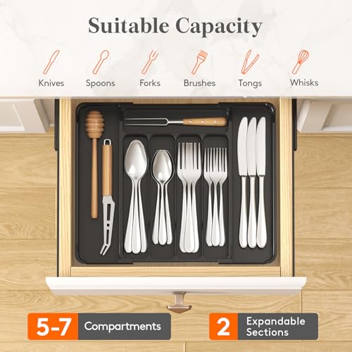 Lifewit Black Expandable Silverware Organizer for Drawer, Medium Slim (8.1-13.9 inch)