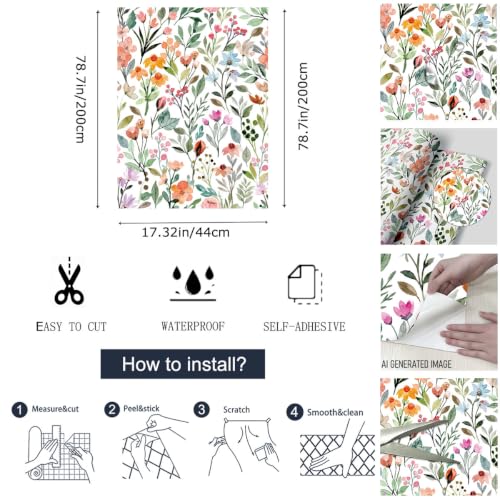 GaliGali Watercolor Floral Shelf Liner, Peel & Stick Removable 17.3"x118"