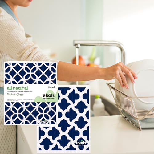 EKOH Swedish Dishcloths - Geometric Navy 2-Pack, Reusable Eco-Friendly