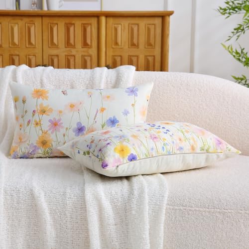Floral Lumbar Pillow Covers - Set of 2, 12x20 Inch Daisy Design for Sofa & Patio