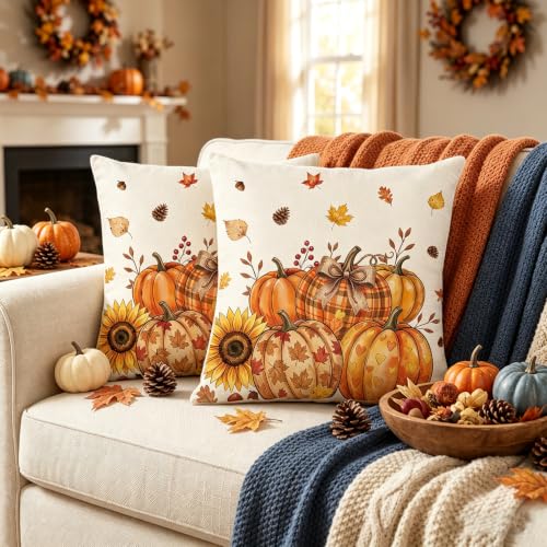 Fall Orange Floral Pumpkin Throw Pillow Covers 20x20 Inch Set of 2
