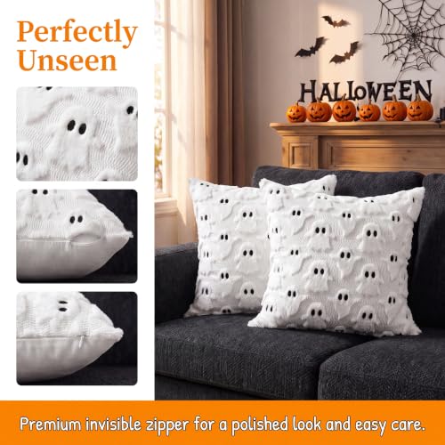 HOSHEN HOME 3D Ghost Faux Fur Pillow Covers, White 18x18 Inch Set of 2