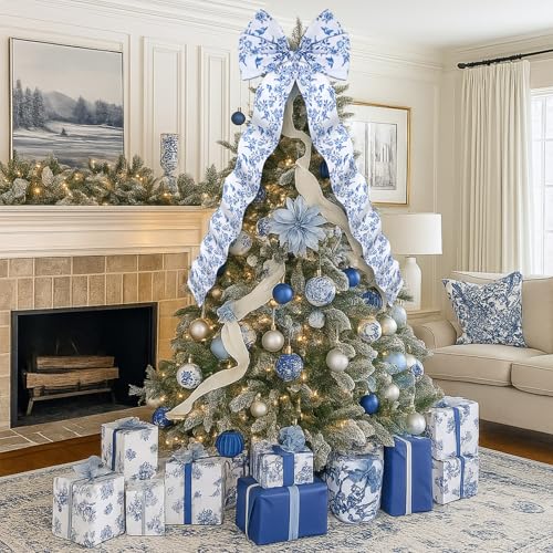 Extra Large Blue and White Christmas Bow Tree Topper 47 x 20 Inches - Elegant Holiday Decor
