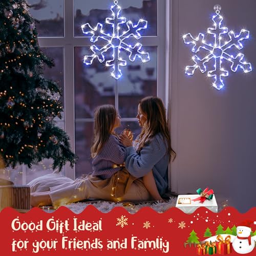 Snowflake Christmas Window Lights 12 Inch Blue White LED String Lights - 8 Modes Battery Powered Set with Suction Hooks