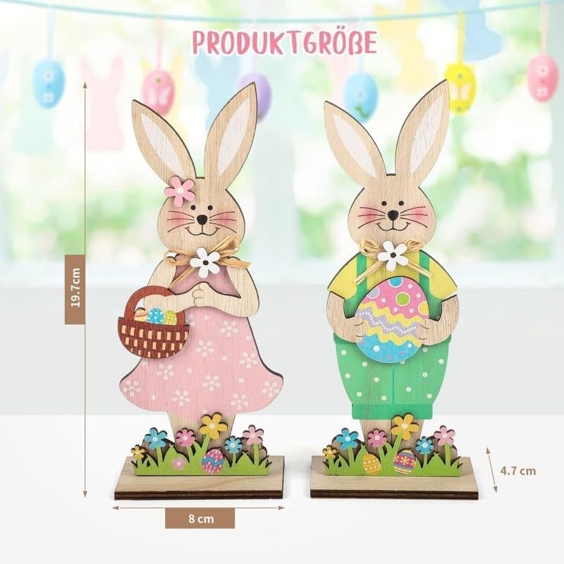 Skiennix Easter Wooden Bunny Tabletop Decorations - Colorful Standing Rabbit Figurines with Egg Basket | Spring Centerpiece