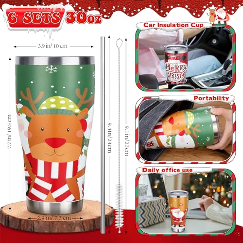 6 Pack Christmas 30oz Stainless Steel Tumblers with Lids & Straws - Classic Designs