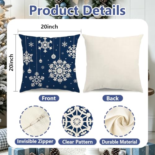 Blue Snowflake Pillow Covers Set of 4 20x20 Inches Christmas Home Decor