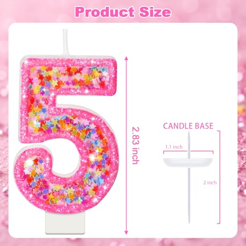 Number 5 Birthday Candle - Hot Pink Star Sequin Cake Topper Decoration