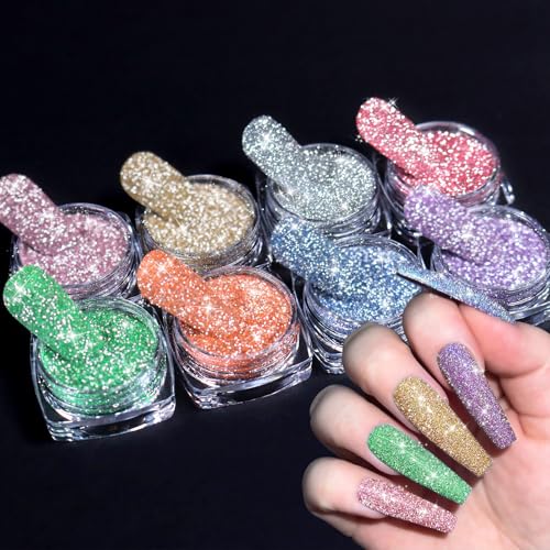 SIUSIO Reflective Glitter Powder Set, 8 Colors Diamond Nail Glitters Dust