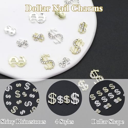 YAEISM 16PCS 3D Dollar Sign Nail Charms Gold and Silver Rhinestones