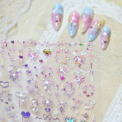 5D Embossed Pink Nail Stickers Self-Adhesive Heart Bow Nail Art Decals