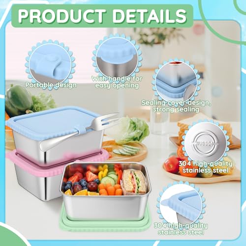 3 Pack Stainless Steel Snack Containers with Silicone Lids - 15oz