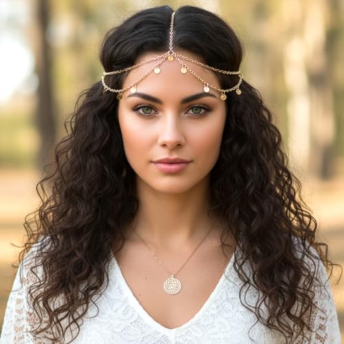 Bremorou Gold Sequin Boho Head Chain Hair Jewelry for Women Festival