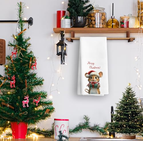 Christmas Mouse Kitchen Towel White - Soft Absorbent Holiday Hand Towel 16x24 Inches
