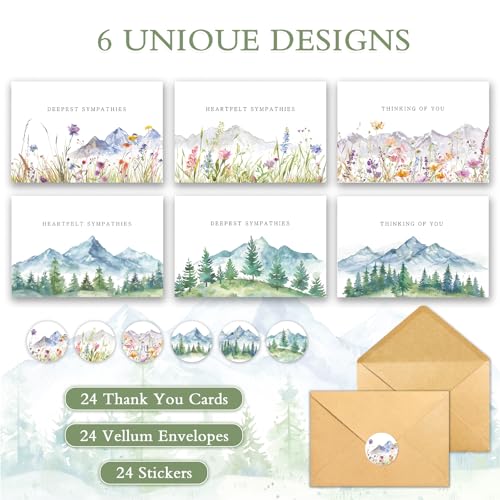 Sympathy Cards Set of 24 with Envelopes & Stickers - Watercolor Landscape