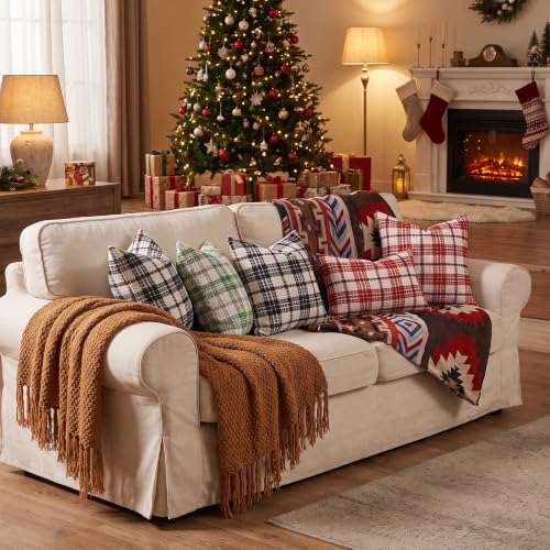Red Plaid Waffle Textured Christmas Pillow Covers 22x22 - Pack of 2