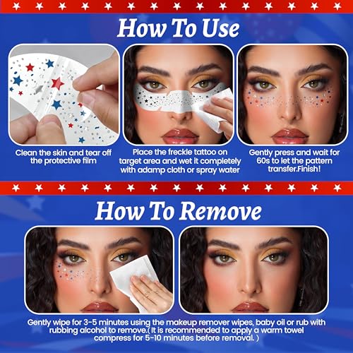 LuLuTone 9 Pcs 4th of July Face Gems and Star Glitter Freckles Tattoos