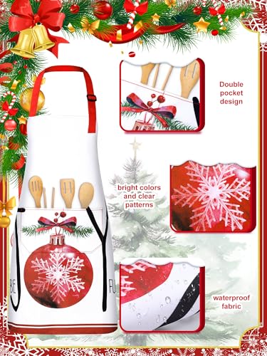 Christmas Aprons for Women with Pockets - Red & White Holiday Kitchen Wear - 4 Pack