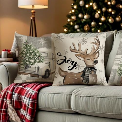 Christmas Throw Pillow Covers 18x18 Set of 4, Holiday Snowman Reindeer Decor