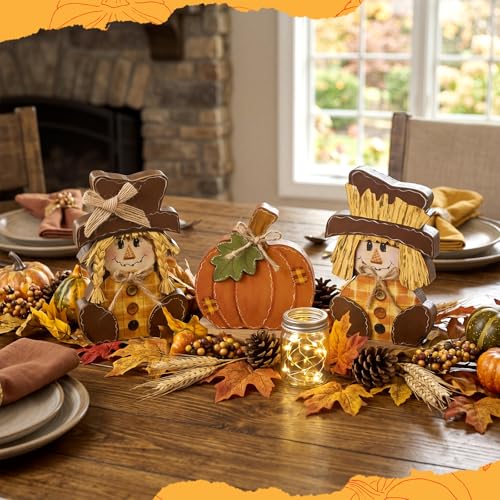 Colingmill 3 Pcs Rustic Fall Scarecrow and Pumpkin Wooden Tabletop Decor Set
