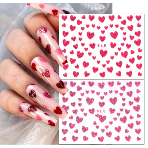 Glitter Heart Nail Stickers 3D Shiny Love Decals for Valentine's Day Manicure