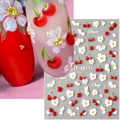 5D Flower Nail Stickers Embossed Cherry Floral Decals DIY Manicure 2 Sheets