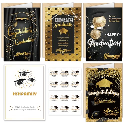 Graduation Cards Set with Envelopes - Black & Gold, 12 Designs
