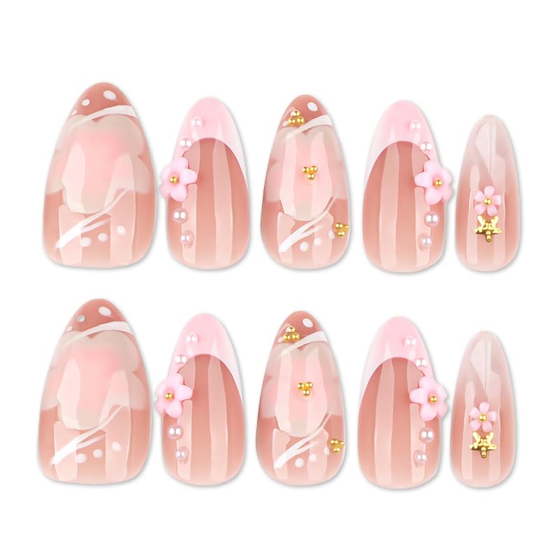 Hibiscus Flower Press on Nails Medium Almond Fake Nails with Rhinestones