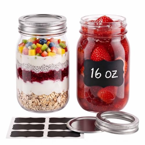 Auridelvis 16 oz Mason Jars with Airtight Lids - 2 Pack Clear Glass Jars