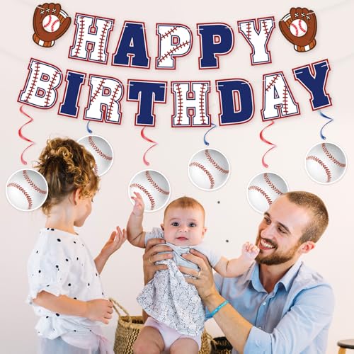 Pre-Strung Baseball Birthday Decorations - Happy Birthday Banner & Swirls