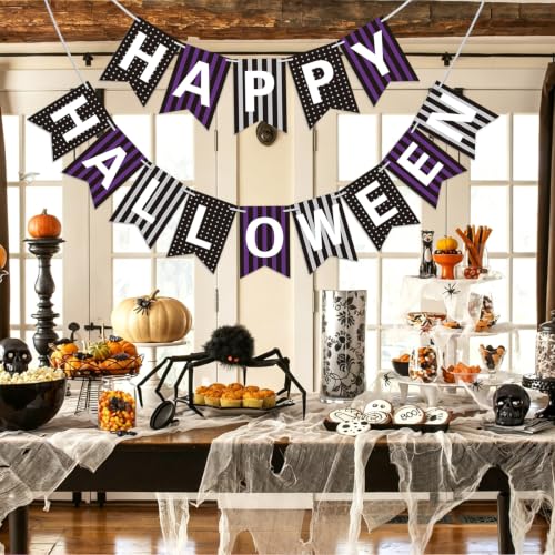 Happy Halloween Banner - Purple & Black Stripes Party Decor