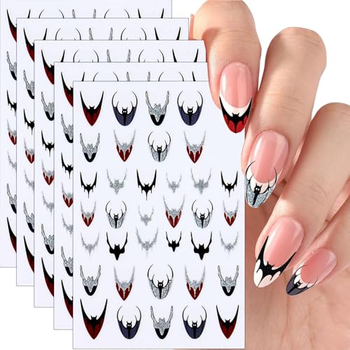 WIWUFUE 3D Bat Halloween Nail Stickers Glitter Gothic Decals 5 Sheets
