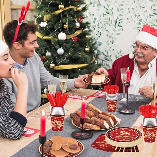 Christmas Party Supplies Set for 25 Guests - Red & Black Holiday Tableware, Plates, Cups, Napkins & Utensils