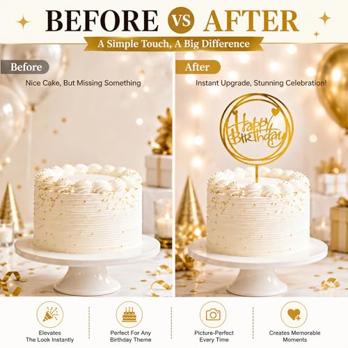 6PCS Gold Mirror Acrylic Happy Birthday Cake Toppers Set