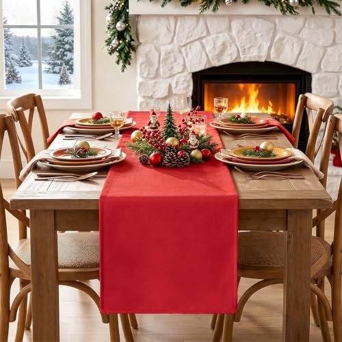 Red Linen Christmas Table Runner 72 Inch Length - Elegant Holiday Decor