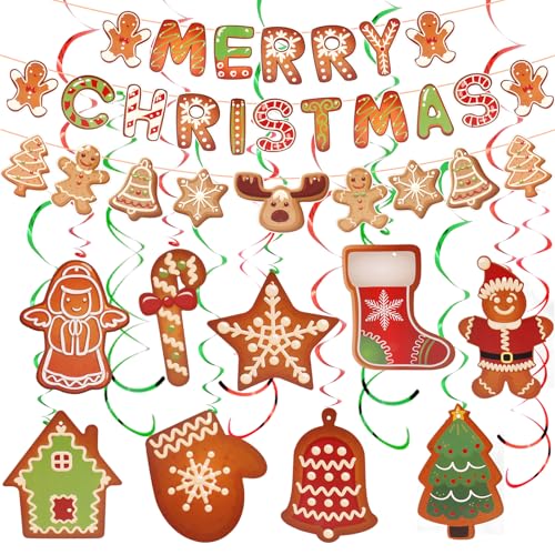 Gingerbread Christmas Decorations Set - Merry Christmas Banner & Hanging Swirls