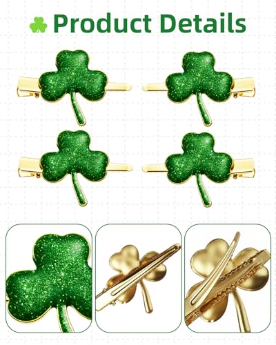 Glitter Shamrock Green Hair Clips - 4 PCS St. Patrick's Day Hairpins