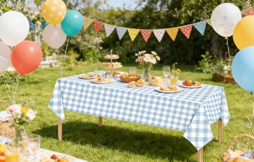 Blue Checkered Tablecloth 54x108 Inch - Waterproof Disposable Cover