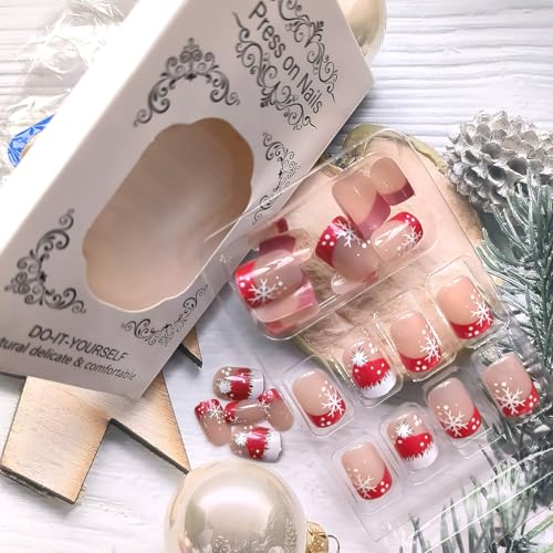 Christmas French Tip Press on Nails Short Square False Nails Red White