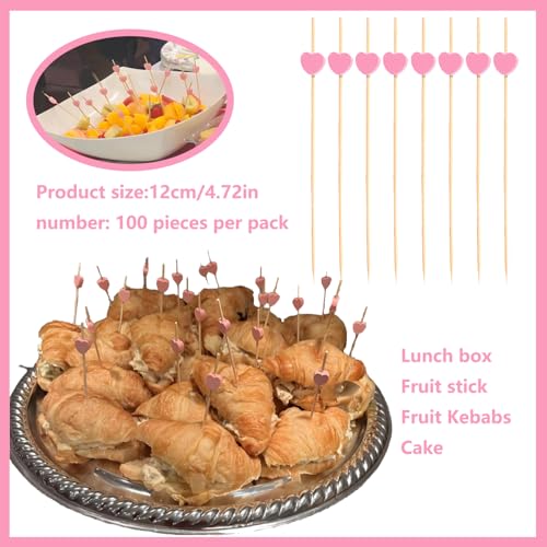 Pink Heart Bamboo Cocktail Picks - 100 Pack for Parties & Events