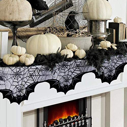 FunisFun Lace Fireplace Mantle Scarf Cover Halloween Bat 20x80" Autumn Decor