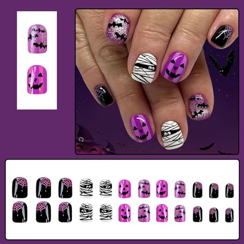 Halloween Press on Nails Short Square Glossy Fake Nails with Mummy Bat Designs